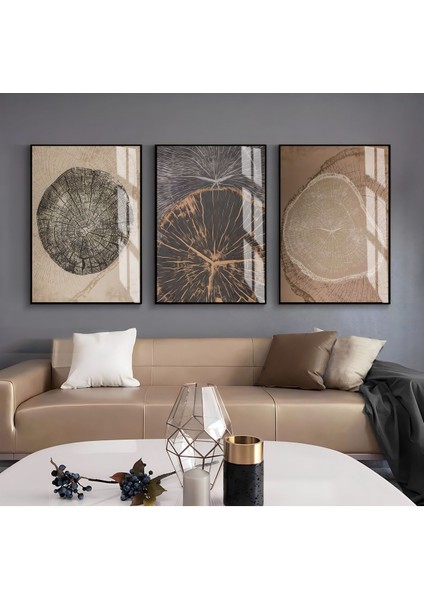 bronz Soft Ahşap Renk Soyut Desen Seti|çerçeveli Cam Tablo 3lü Dikey