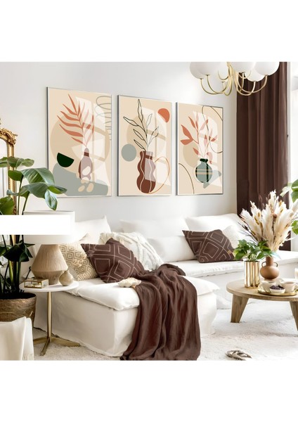 krem-Kahverengi Vazolu Yapraklı Bohem Seti |çerçeveli Cam Tablo 3lü Dikey