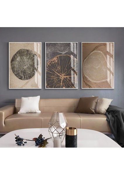 bronz Soft Ahşap Renk Soyut Desen Seti|çerçeveli Cam Tablo 3lü Dikey