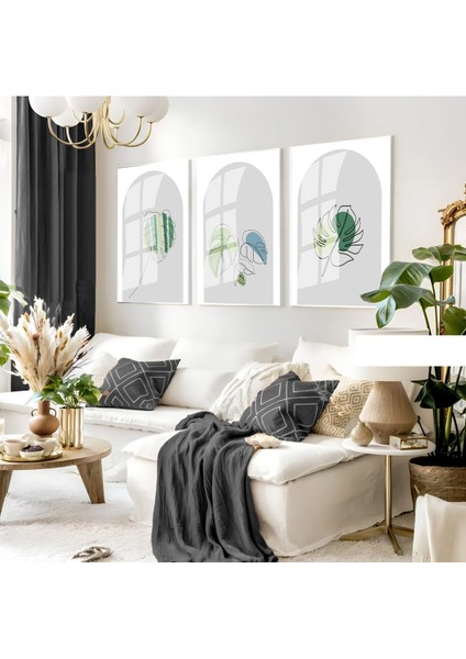 gri-Yeşil Minimalist Yapraklı Set 01 |çerçeveli Cam Tablo 3lü Dikey
