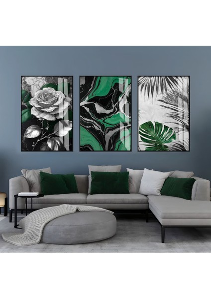 yeşil-Gri Soyut Yapraklı Gül Kombini|çerçeveli Cam Tablo 3lü Dikey