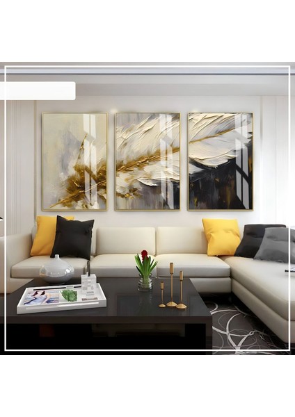siyah-Gri-Gold Soft Renk Soyut Yaprak Tüy Seti 03 |çerçeveli Cam Tablo 3lü Dikey