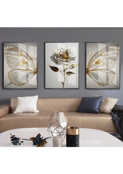 beyaz-Gold Gül ve Kelebek Kanatı Kombin |çerçeveli Cam Tablo 3lü Dikey