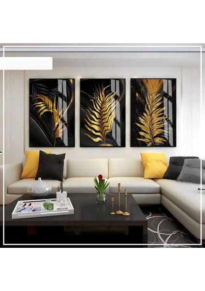 siyah -Gold Renk Yaprak Set 02 |çerçeveli Cam Tablo 3lü Dikey