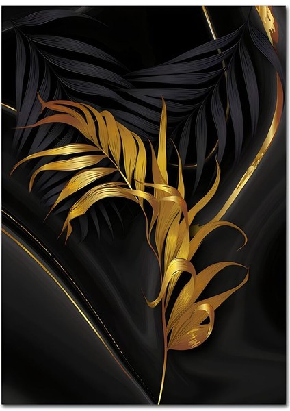 siyah -Gold Renk Yaprak Set 02 |çerçeveli Cam Tablo 3lü Dikey fırsatları