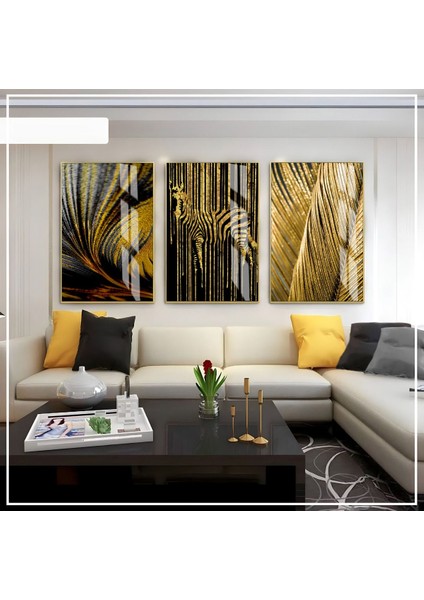 siyah-Gold Renk Soyut Zebra Seti |çerçeveli Cam Tablo 3lü Dikey