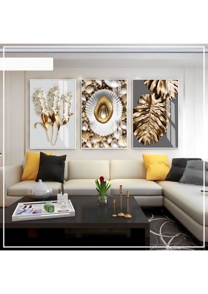 beyaz-Gri-Gold Soft Renk Yaprak Inci Seti |çerçeveli Cam Tablo 3lü Dikey