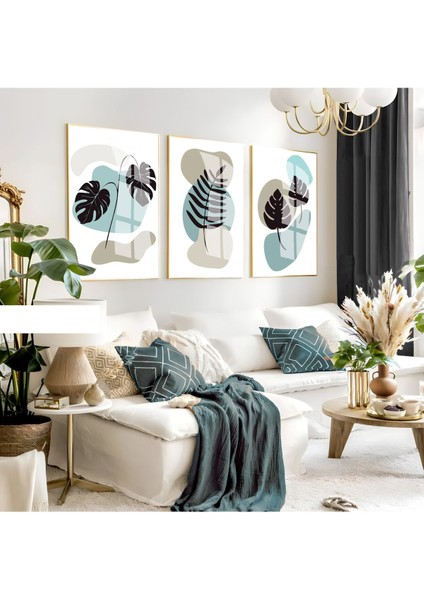 soft Gri Mavi Minimalist Yapraklı Set |çerçeveli Cam Tablo 3lü Dikey