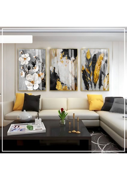 siyah -Gold Renk Soyut Çiçek Set 01 |çerçeveli Cam Tablo 3lü Dikey