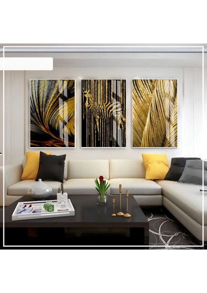 siyah-Gold Renk Soyut Zebra Seti |çerçeveli Cam Tablo 3lü Dikey