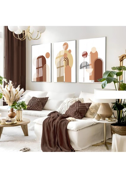 krem-Beyaz-Kahve Soyut Bohem Seti |çerçeveli Cam Tablo 3lü Dikey