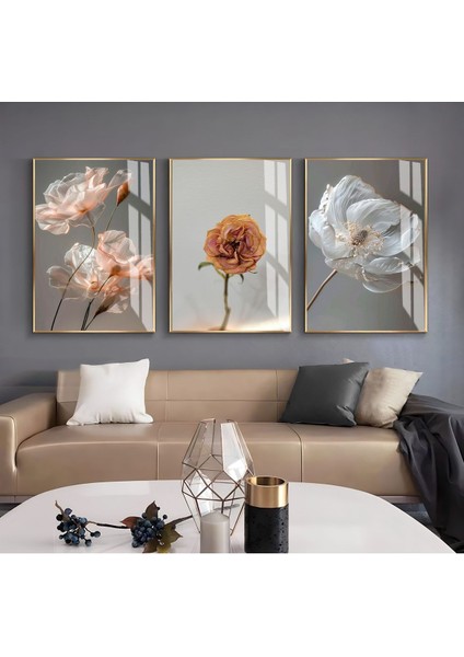 rose-Turuncu-Krem Renk Soft Çiçek Kombin 2 |çerçeveli Cam Tablo 3lü Dikey