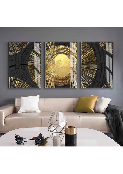 siyah-Gold Etnik Soyut Kombini|çerçeveli Cam Tablo 3lü Dikey