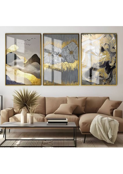 |siyah-Gold Ağaç Soyut Manzara Kombini 01 |çerçeveli Cam Tablo 3lü Dikey