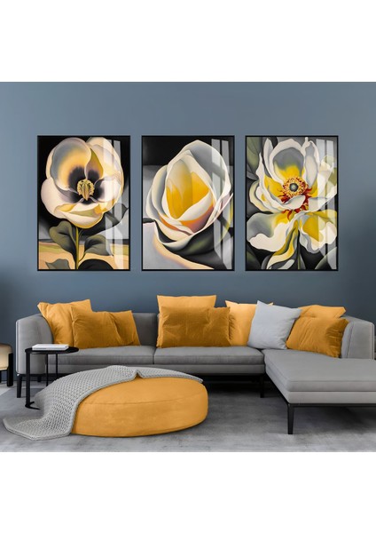sarı-Gri Çiçek Kombini Iı |çerçeveli Cam Tablo 3lü Dikey