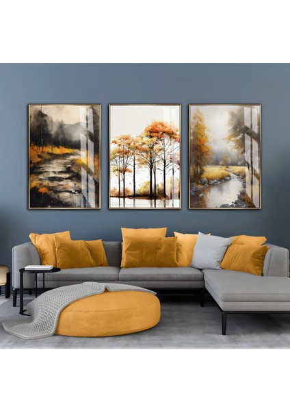 sarı-Gri Ağaçlı Manzara Kombin Seti |çerçeveli Cam Tablo 3lü Dikey