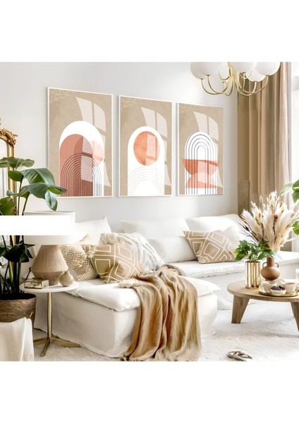 kiremit-Krem-Beyaz Renk Bohem Set 37 Minimalist |çerçeveli Cam Tablo 3lü Dikey