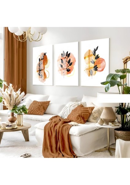 turuncu-Sarı Yapraklı Bohem Seti |çerçeveli Cam Tablo 3lü Dikey