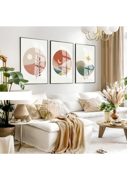 soft Renkler Minimalist Yaprak-Ay Manzara Kombini|çerçeveli Cam Tablo 3lü Dikey