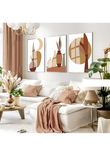 kahve Tonlar Bohem Yapraklı Set |çerçeveli Cam Tablo 3lü Dikey
