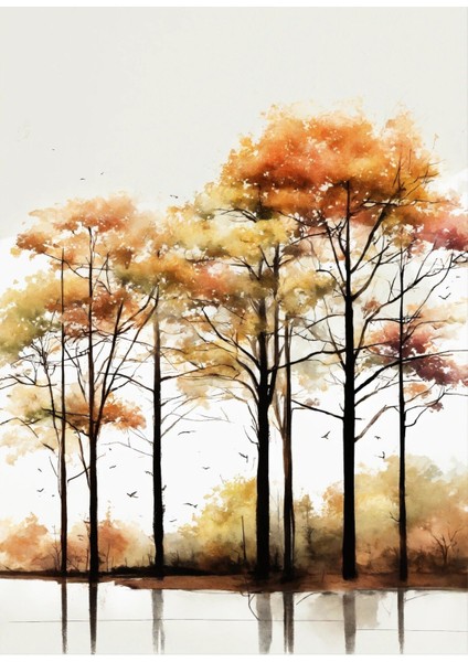 sarı-Gri Ağaçlı Manzara Kombin Seti |çerçeveli Cam Tablo 3lü Dikey modelleri