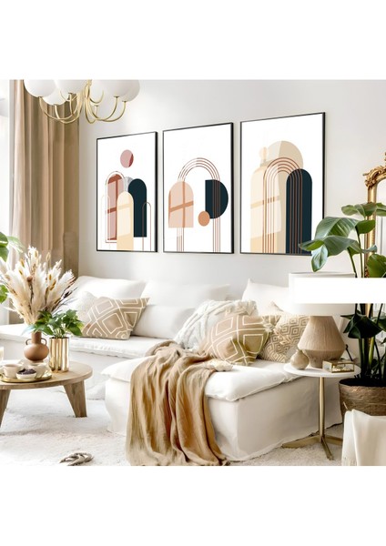 krem-Kahve Bohem Soyut Seti |çerçeveli Cam Tablo 3lü Dikey