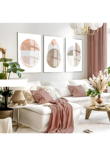 ekru-Kiremit-Bej-Yeşil Renk Yeni Bohem Set 35 Minimalist |çerçeveli Cam Tablo 3lü Dikey