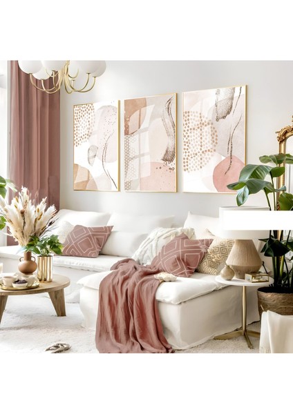 soft Krem Soyut Bohem Kombini |çerçeveli Cam Tablo 3lü Dikey