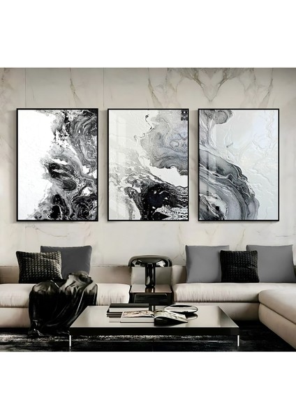 siyah Beyaz Renk Sevilen Soyut Dalga Seti 2 |çerçeveli Cam Tablo 3lü Dikey