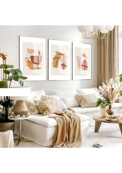 kahverengi-Turuncu Minimalist Bohem Yaprak Seti |çerçeveli Cam Tablo 3lü Dikey