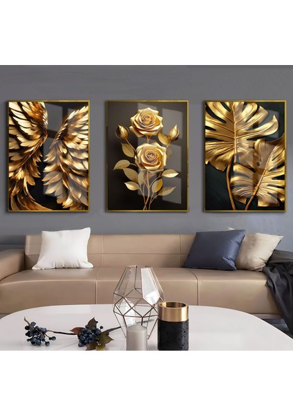 siyah-Gold Gül/kanat/yaprak Kombini |çerçeveli Cam Tablo 3lü Dikey