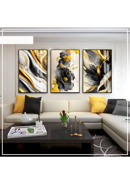 siyah-Gold Renk Soyut Çiçek Seti 03 |çerçeveli Cam Tablo 3lü Dikey