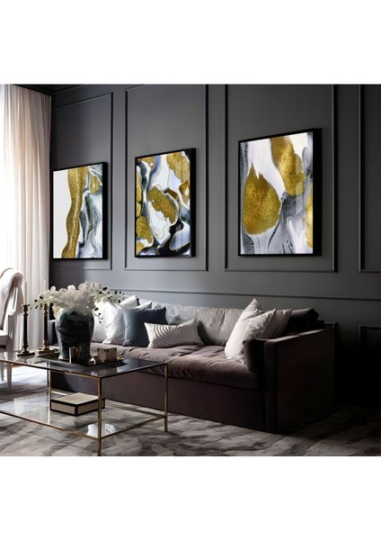 |gri-Beyaz-Gold Soyut Kombini 02 |çerçeveli Cam Tablo 3lü Dikey