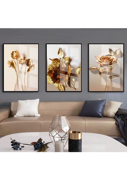 krem-Gold Gül Çiçek Kombini |çerçeveli Cam Tablo 3lü Dikey