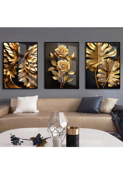 siyah-Gold Gül/kanat/yaprak Kombini |çerçeveli Cam Tablo 3lü Dikey