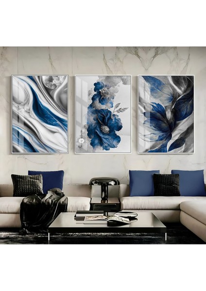 lacivert-Gümüş Sevilen Çiçek ve Yaprak Kombin|çerçeveli Cam Tablo 3lü Dikey