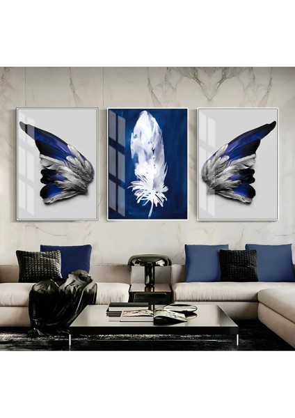 lacivert-Gümüş Tüy ve Kelebek Kanat Kombin |çerçeveli Cam Tablo 3lü Dikey