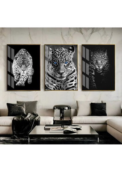 aslan-Kaplan-Leopar Tablosu 01|çerçeveli Temperli Cam Tablo 3lü Dikey