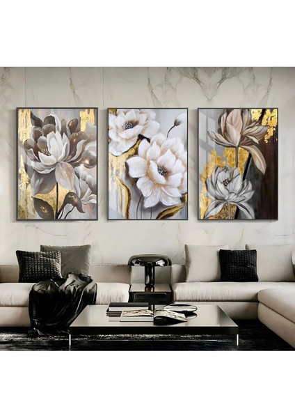 gold-Gri Çiçek Kombini 3 |çerçeveli Temperli Cam Tablo 3lü Dikey