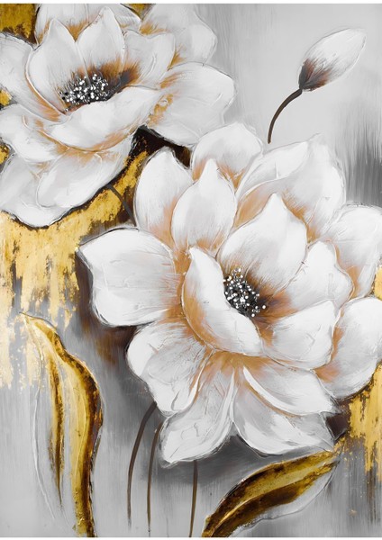 gold-Gri Çiçek Kombini 3 |çerçeveli Temperli Cam Tablo 3lü Dikey fırsatları