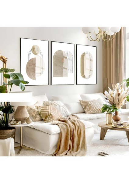 bej-Krem Beyaz Renk Minimalist Bohem Seti 39|çerçeveli Cam Tablo 3lü Dikey