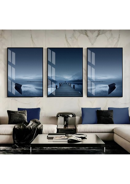 buz Mavisi Deniz Manzarası Kombini |çerçeveli Cam Tablo 3lü Dikey