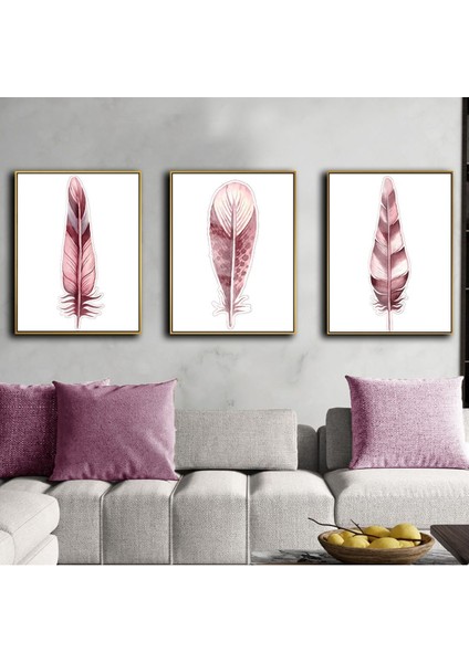 pudra Pembe Renk 3 Lü Tüy Kombini |çerçeveli Cam Tablo 3lü Dikey