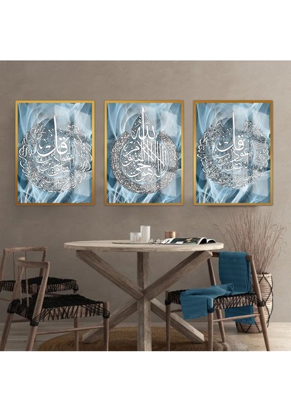 felak-Nas-Ayetel Kursi Saks-Mavisi|çerçeveli Cam Tablo 3lü Dikey