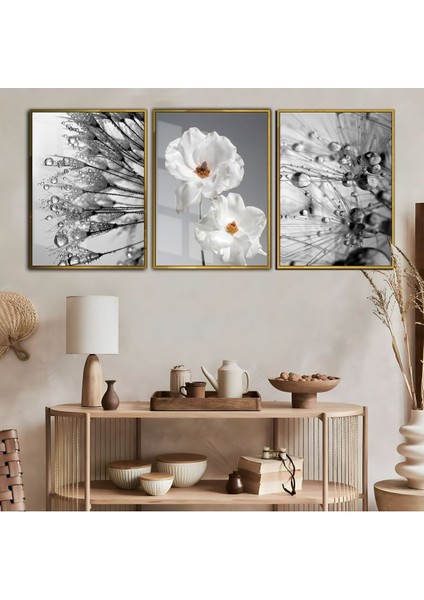 siyah-Beyaz Tüy Kombini Yeni Tasarım |çerçeveli Cam Tablo Temperli 3lü Dikey