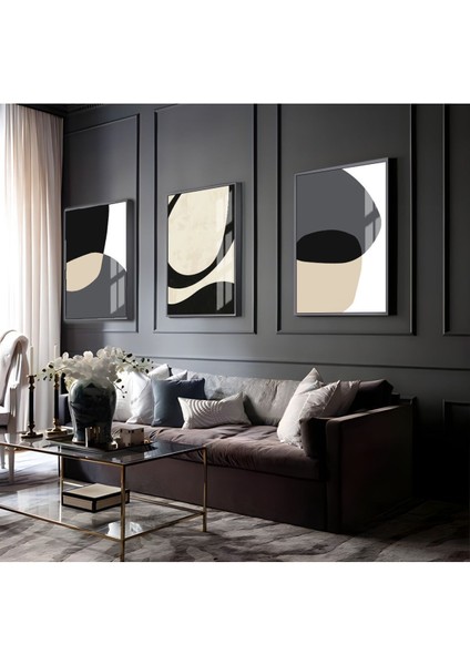 antrasit Gri-Krem Modern Soyut Vektörel 3 Çalışma |çerçeveli Cam Tablo 3lü Dikey