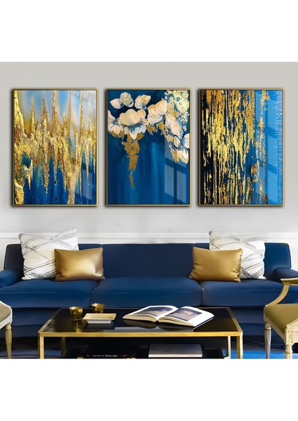 lacivert-Gold Kombini 10 Çiçek-Soyut Kombin|çerçeveli Temperli Cam Tablo 3lü Dikey