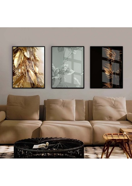 gold-Siyah-Gümüş Gül Kombini |çerçeveli Cam Tablo 3lü Dikey