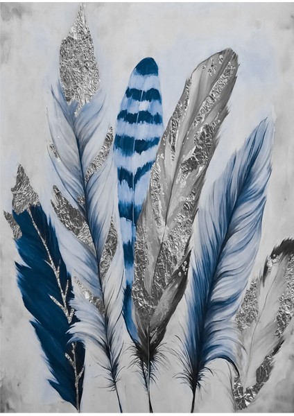 lacivert-Gümüş Soft Renk Çiçek Yaprak Seti 1 |çerçeveli Cam Tablo 3lü Dikey modelleri