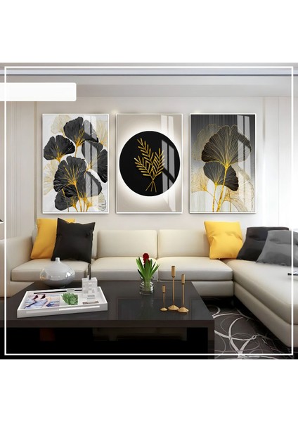 gri-Siyah-Gold Soft Soyut Yaprak Seti |çerçeveli Cam Tablo 3lü Dikey